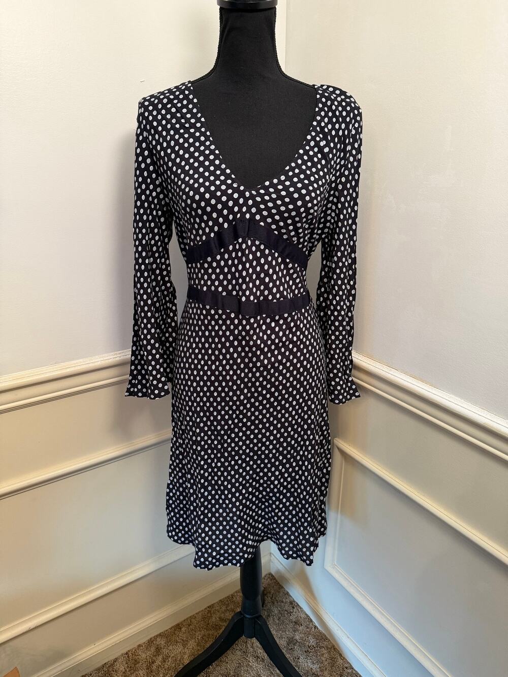 Etam Paris Vintage 90s/00s Milkmaid Polka Dot V-Neck Dress Navy Blue Whimsygoth